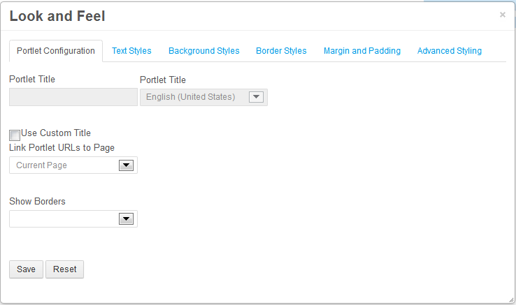Figure 4.1: The Portlet Configuration tab of the Look and Feel Box allows you to define a custom portlet title, link portlet URLs to a specific page, and select whether or not portlet borders should be displayed.