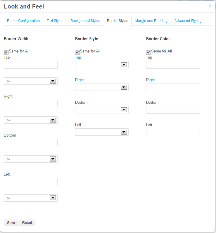 Figure 4.4: The Border Styles tab lets you specify a border width, style, and color for each side of the portlet.