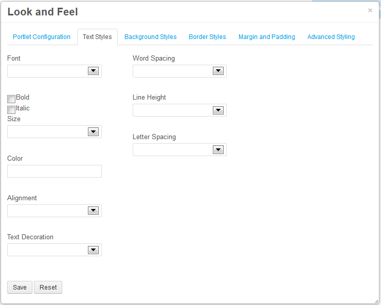 Figure 4.2: The Text Styles tab lets you configure the format of the text that appears in the portlet.