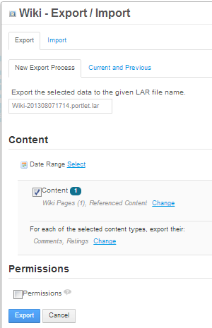 Figure 4.7: When exporting portlet data, you can choose what content to include.