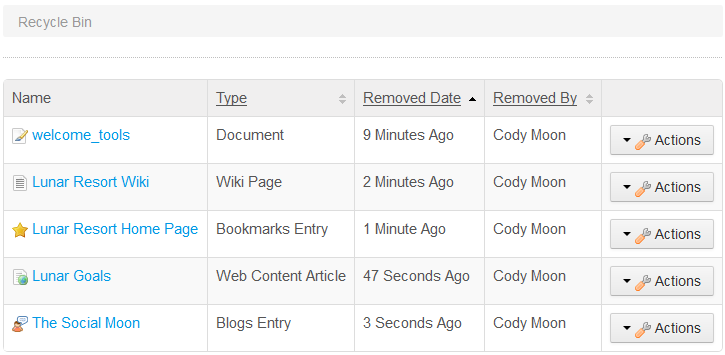 Figure 4.14: The Recycle Bin provides a seamless administrative experience for deleting and removing content.