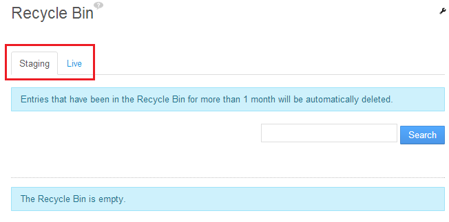 Figure 4.18: During staging, a separate Recycle Bin appears to keep staging and live content separate.