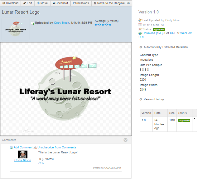 Figure 5.2: You can click an asset in the Documents and Media portlet to view its options and properties.