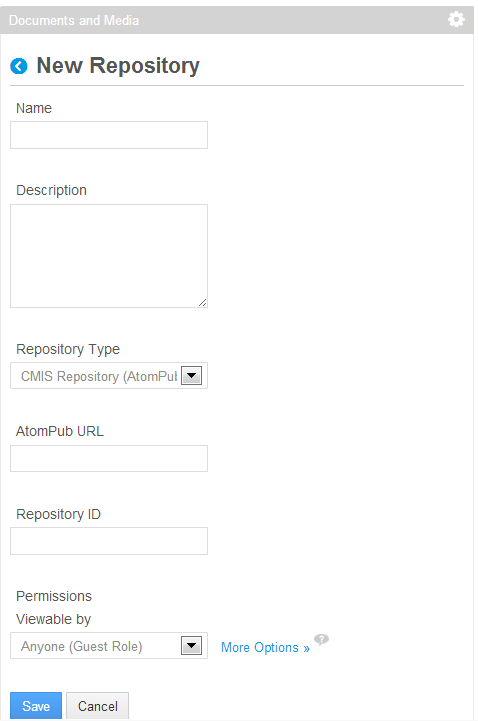 Figure 5.5: You can add a new repository by navigating to Add → Repository in the Documents and Media portlet.