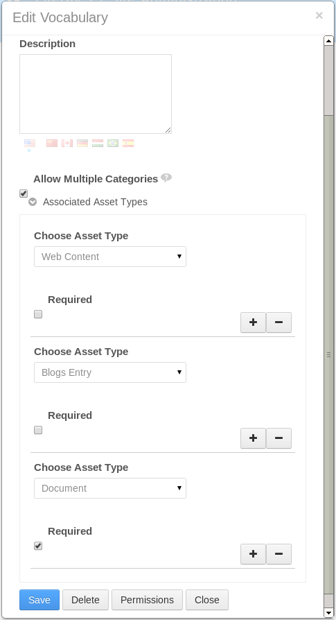 Figure 6.4: You can target vocabularies by checking the Allow Multiple Categories checkbox and then selecting the Asset Types.