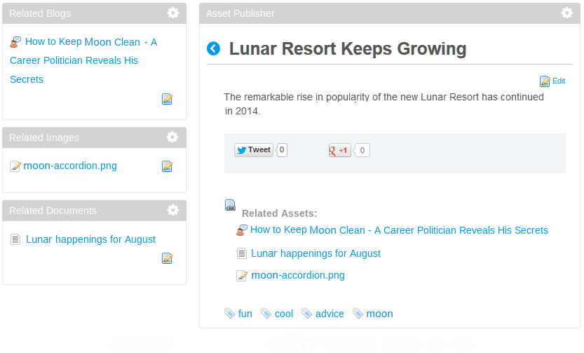 Figure 6.19: Select an asset in the Asset Publisher to see its related assets displayed in the Related Assets portlet. In the screenshot, we renamed the three Related Assets portlets on the left and updated their configurations.