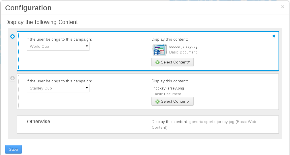 Figure 7.10: The rules for configuring the Campaign Content Display application to display content are similar to the rules of the User Segment Content Display application, but simpler.