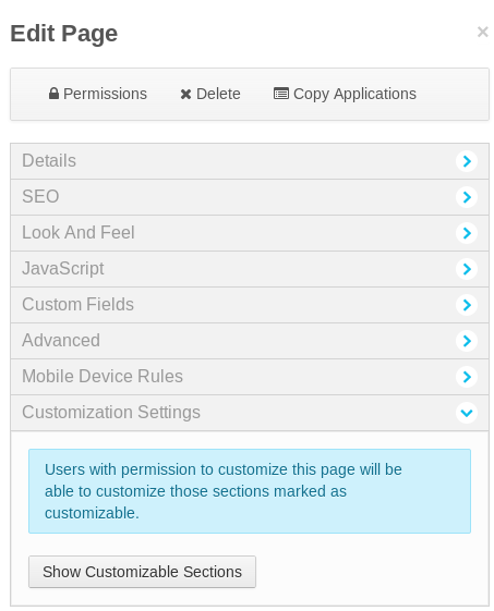 Figure 8.1: To enable page customizations, click on the Edit button at the left side of the page, expand the Customization Settings area, and click on the Show Customizable Sections button.