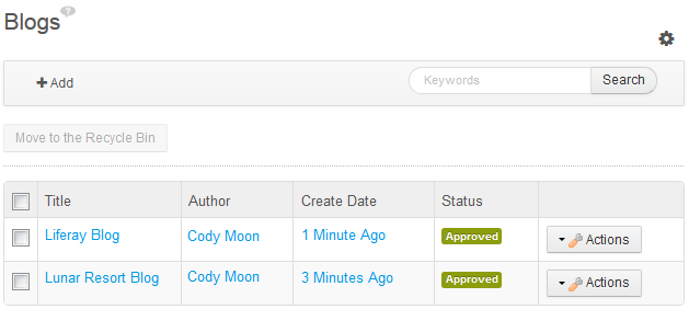 Figure 9.7: The Blogs Administrator portlet lets you delete large sets of blog entries.