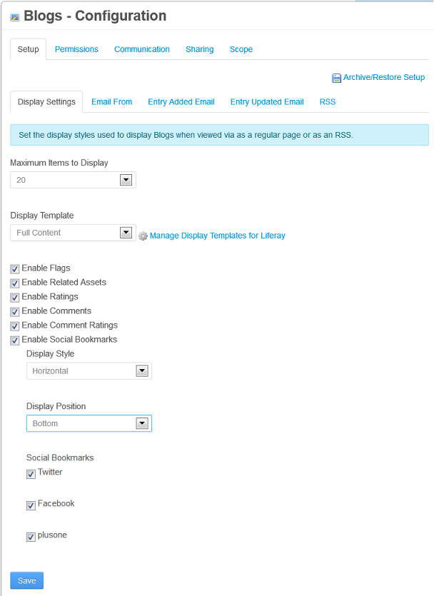 Figure 9.3: The Blogs portlets Configuration menu offers a plethora of display settings.