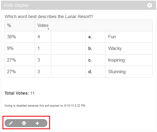 Figure 9.28: These three buttons, highlighted in red, allow you to manage the configuration of the poll. Notice this poll has expired.