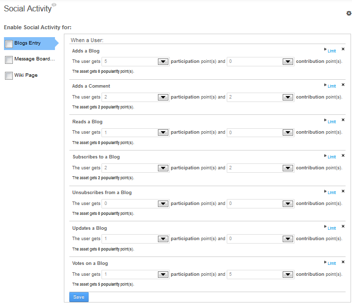 Figure 10.9: The Social Activity page of the Control Panel allows you to enable social activity for assets and specify points for participation and contributions.