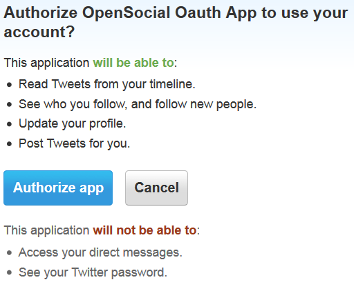 Figure 10.25: Authorizing your OpenSocial application to use your account is straightforward.