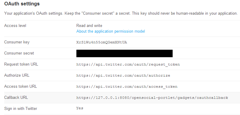 Figure 10.22: Here are the Consumer Key and Consumer Secret (value is blacked out for security reasons).