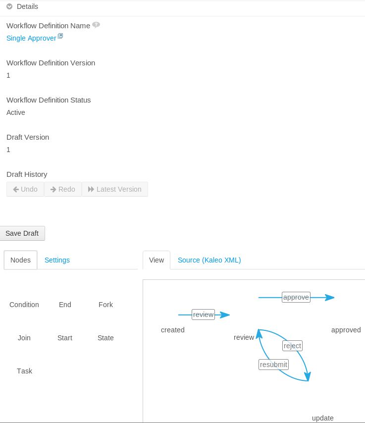 Figure 11.10: Youll see this form when editing or creating a new workflow with Kaleo Designer