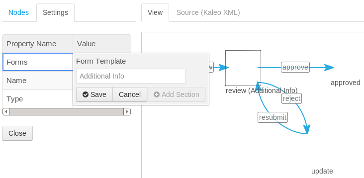 Figure 11.11: When creating or editing a Kaleo process, click Assign under Workflow Task Forms. Then click on a task, such as review, from the graphical view. Look for the Forms property in the Settings tab; you can use this property to assign a form template to a task.