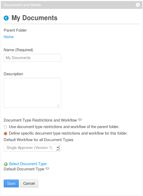 Figure 12.10: You can use the document type restrictions and workflow of the parent folder or you can define specific document type restrictions and workflow for this folder.