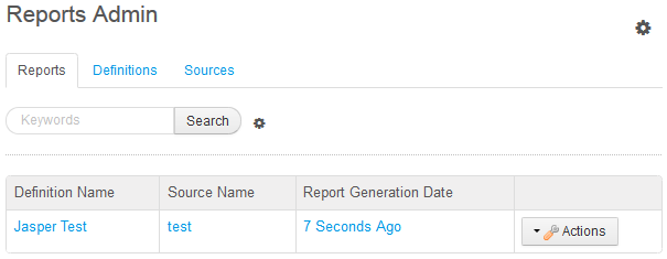 Figure 14.23: Use the Sources tab of the Reports Admin portlet to define data sources for report definitions. Use the Definitions tab to define report definitions, generate reports, and schedule reports for generation. Use the Reports tab to browse through and download generated reports.