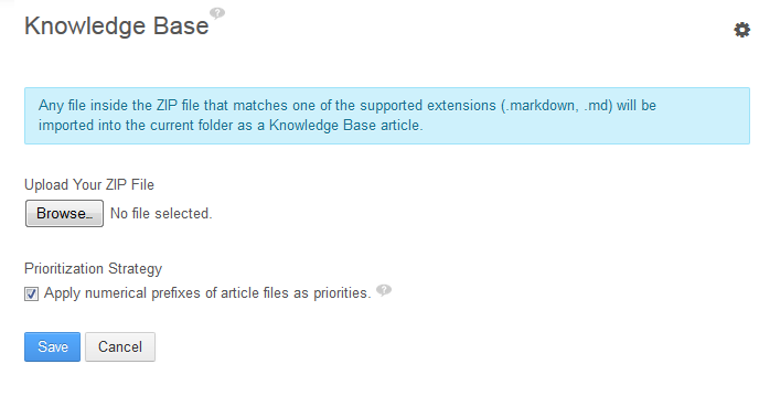 Figure 14.35: Selecting Add → Import in the Knowledge Base portlet brings up the interface for selecting a Zip file of Markdown source files and images to produce and update articles in your Knowledge Base.