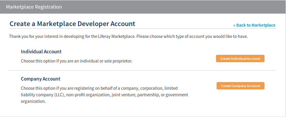 Figure 15.4: Click on the Become a Developer link in the menu on the left side of the Liferay Marketplace homepage to register a developers account, either as an individual or a company.