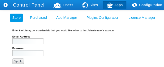 Figure 15.13: Before you can access Marketplace via the Control Panel you need to link your liferay.com credentials with your Liferay instances administrator account.