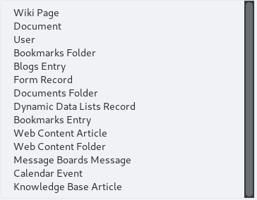 Figure 1: The Type Facet configuration lists the searchable out-of-the-box asset types.