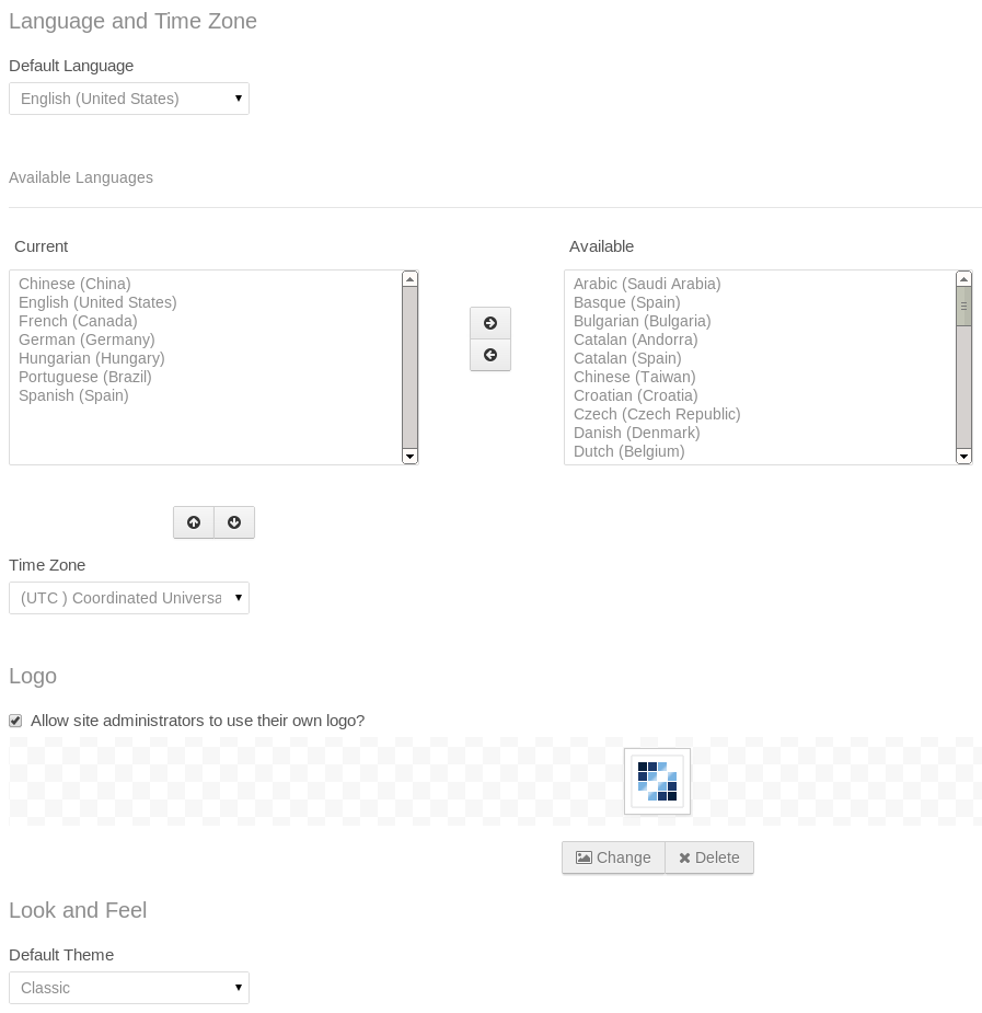 Figure 17.5: You can specify various display settings for your portal including options for the default language, other available language, time zone, portal logo, and default themes for the portal and Control Panel.