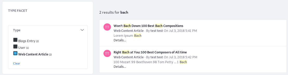 Figure 3: After clicking the Web Content Article type in the Asset Types facet, its the only asset type listed.