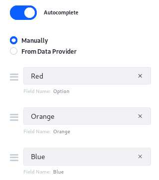 Figure 1: You can configure a manual data provider to specify the options users can select from.