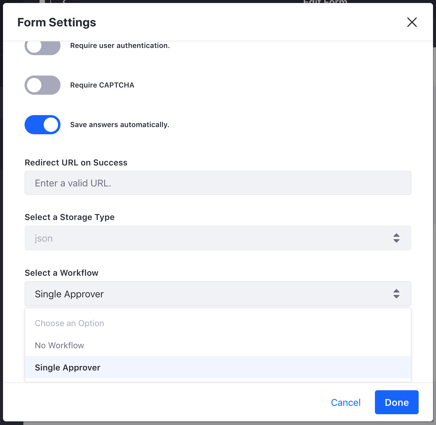Figure 3: Enable workflow for each form in its Settings window.