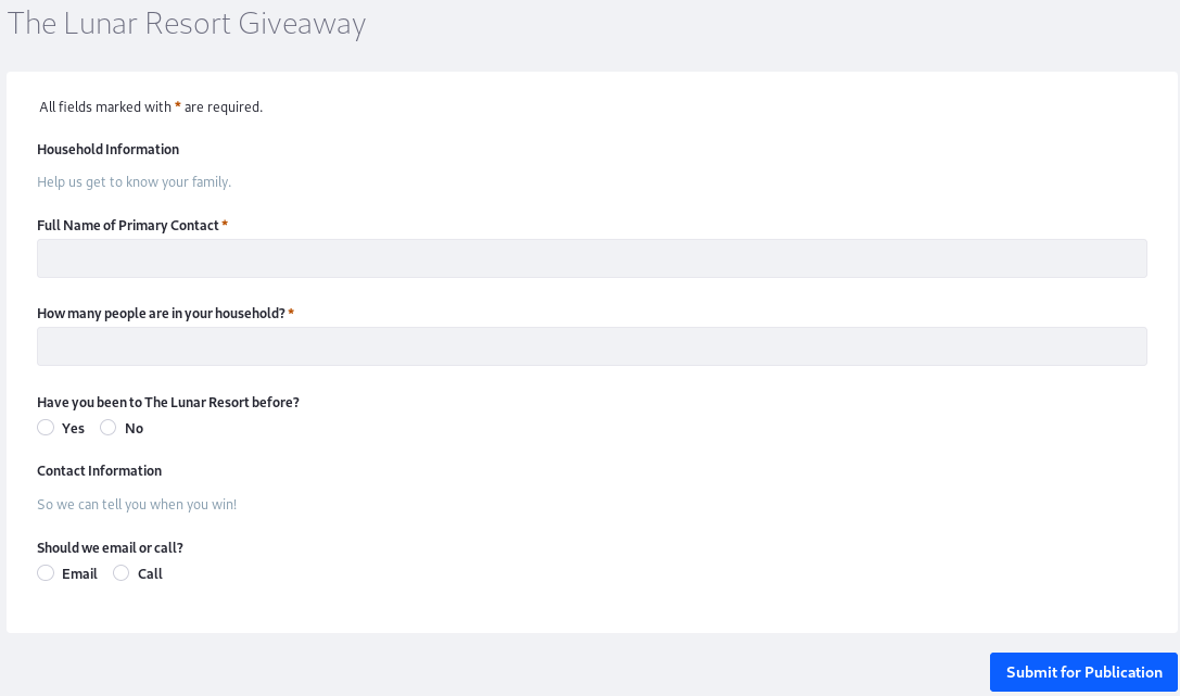 Figure 5: The Lunar Resort Giveaway form is ready to be filled out.