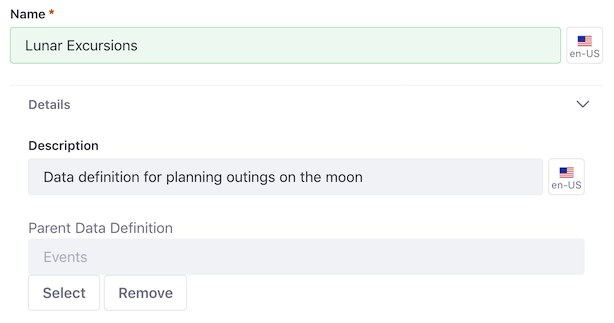 Figure 2: After naming your data definition, expand the Details section of the form and give your definition a description and parent definition, if desired.