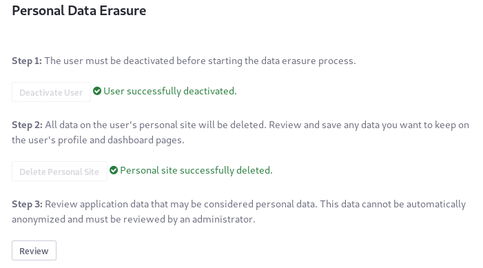 Figure 4: In the third data erasure step, review, delete, and/or anonymize the Users application data.