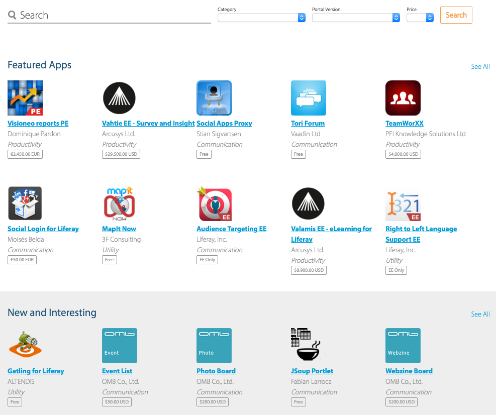 Figure 1: The Liferay Marketplace home page lets you browse and search for apps.