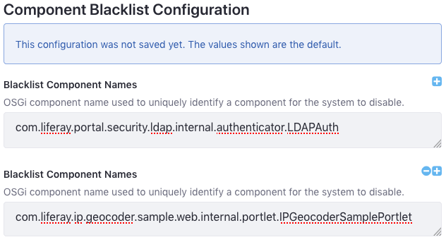 図2：このブラックリストは、コンポーネント com.liferay.portal.security.ldap.internal.authenticator.LDAPAuth および com.liferay.ip.geocoder.sample.web.internal.portlet.IPGeocoderSamplePortlet無効にします。