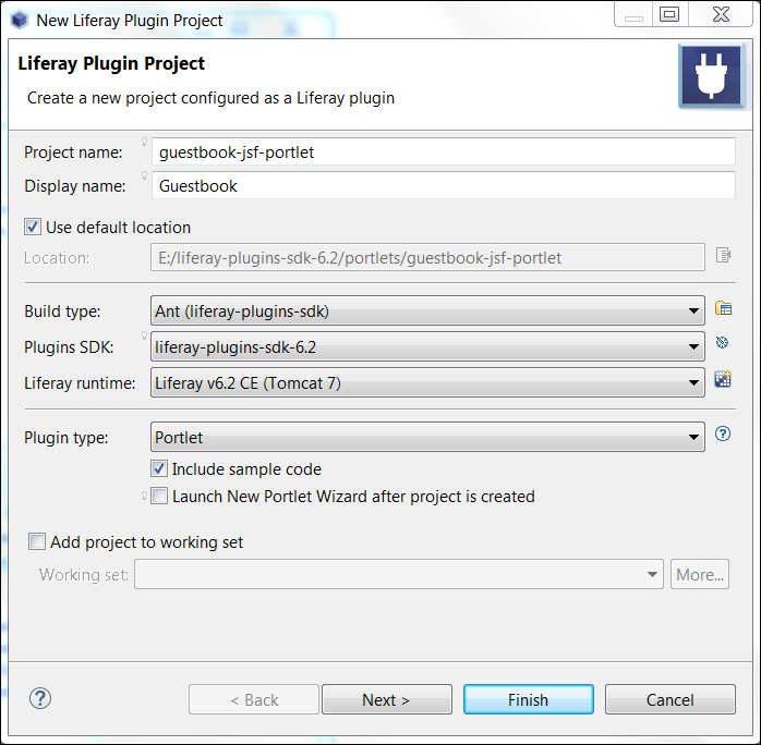 Figure 1: Liferay IDE/Developer Studios new plugin project wizard makes it very easy to create a portlet project.