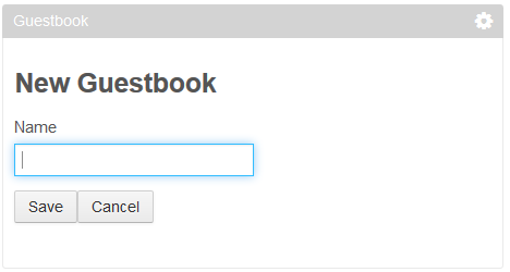 Figure 3: The guestbook view displays a Name field, a button to save the guestbook, and a button to cancel out of the view.