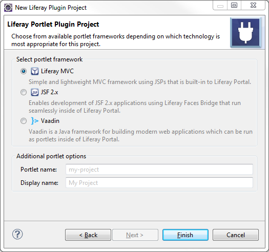 Figure 6: When creating a portlet, step two of the New Project Wizard lets you select a portlet framework to use in the project.