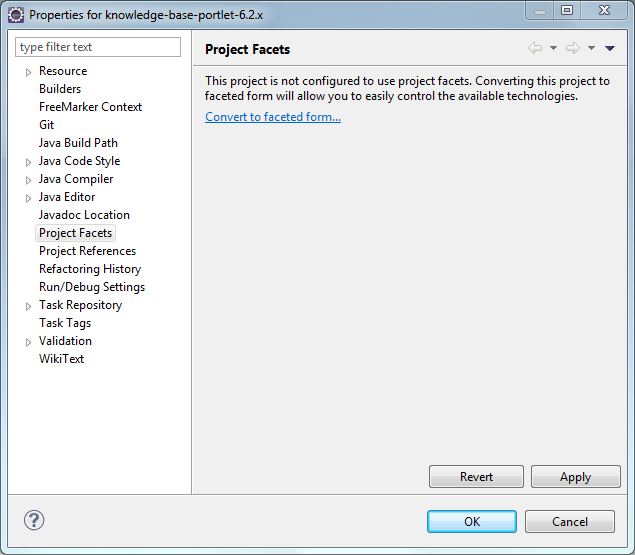Figure 1: Its easy to enable your project to use facets in Liferay IDE.