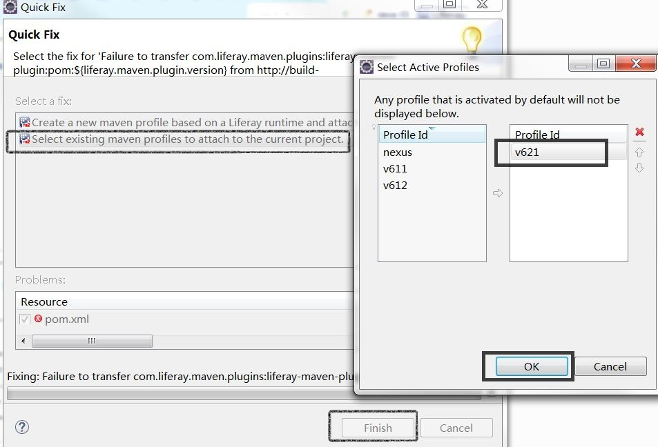Figure 4: Liferay IDEs Quick Fix feature also lets you select any existing active Maven profile to attach to your project.