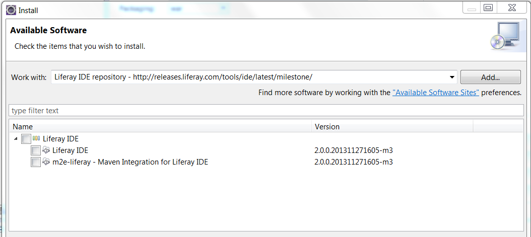 Figure 2: You can install the m2e-liferay plugin by searching for software on Liferay IDEs repository.