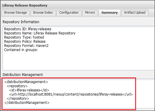 Figure 2.29: Select the Summary tab of your repository to see how to specify it for distribution management in your plugins POM.