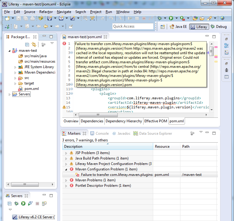 Figure 1: Liferay IDE lets you know when your Maven project is missing required properties.