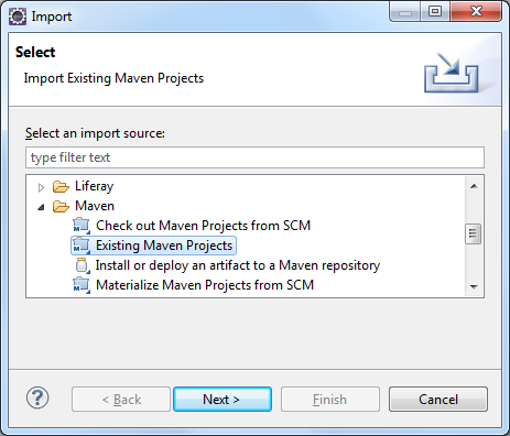 Figure 2: The first step in importing an existing Liferay Maven project.