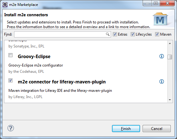 Figure 10: Select the m2e-liferay plugin for installation and click Finish to launch the installer.