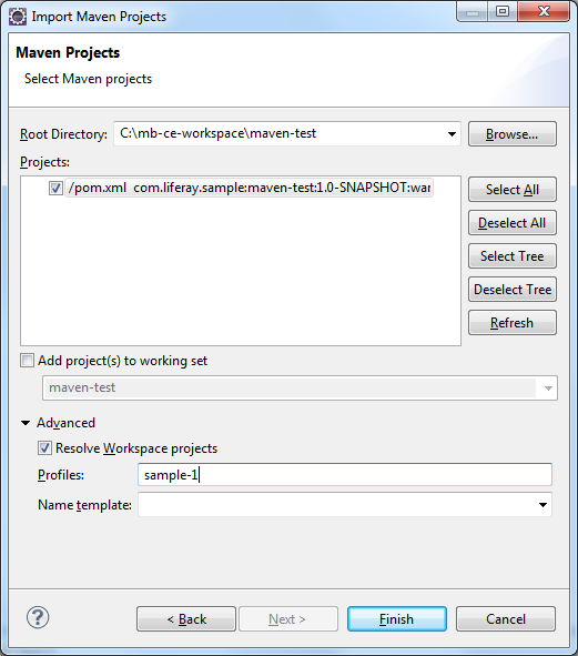Figure 3: Specify the Liferay Maven project that you want to import and click Finish.
