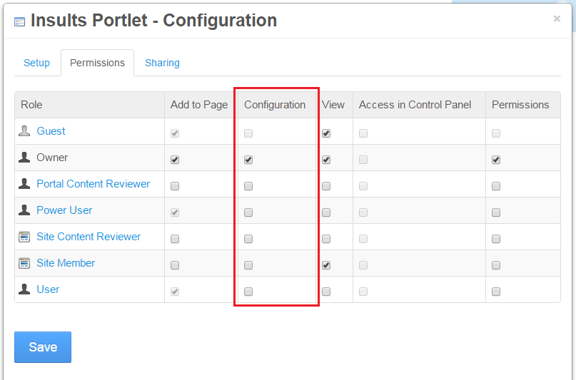 Figure 3: The Permissions tab of the portlets Configuration menu.