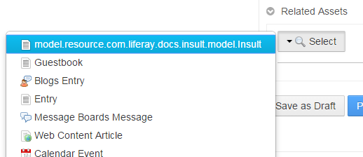 Figure 2: Your portlets entity is now shown in the Related Assets menu.