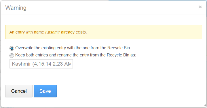 Figure 2: The Recycle Bin enables you to handle conflicts by notifying the user with a pop-up message and options for solving the problem. Clearly, if you recycled Kashmir, someone may have tried to fix that both by re-uploading it and by restoring it.