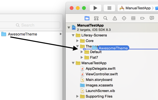Figure 1: To install a Theme into an Xcode project, drag and drop the Themes folder into it.